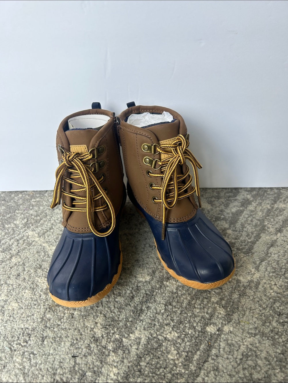 New, 13 Little Boys Crown & Ivy Duck Boot, Brown and Navy, Waterproof